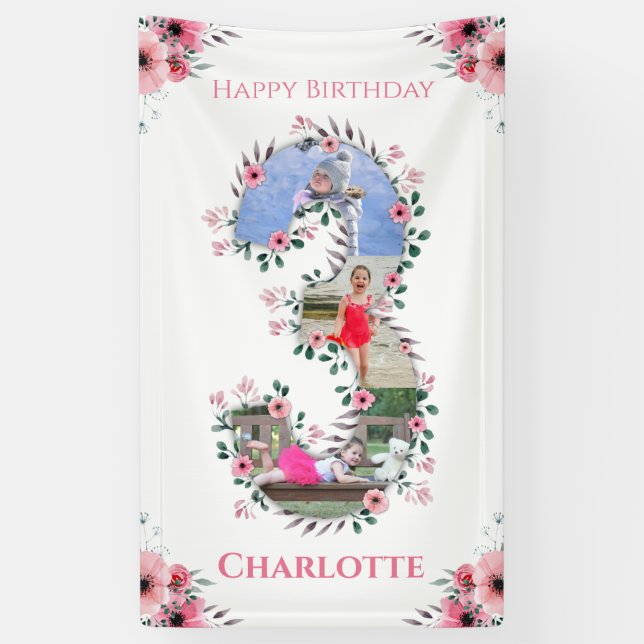 Banderoles Gros 3ème anniversaire fille photo Collage Fleur r (Vertical)