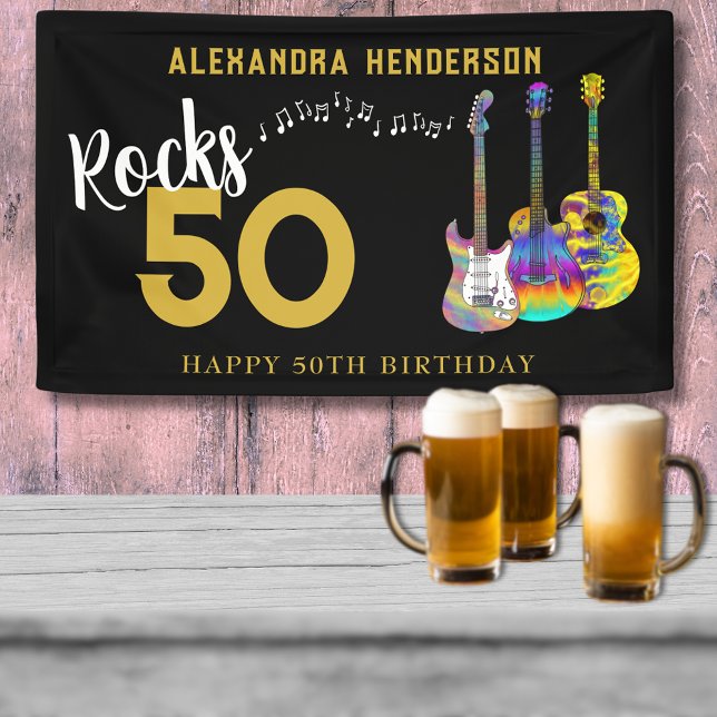 Banderoles Guitare 50 Rocks 50e fête d'anniversaire (rocks 50 guitar black and gold custom 50th birthday party banner)