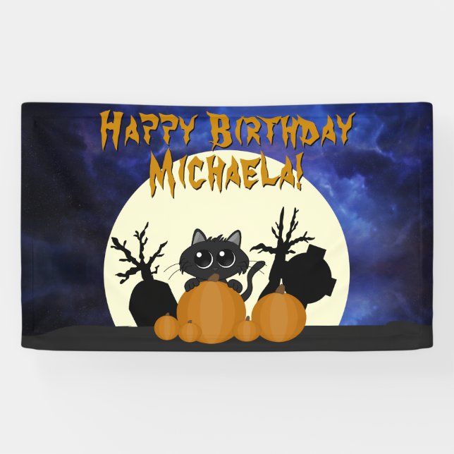 Banderoles Halloween Chat Noir Anniversaire avec cimetière Ci (Horizontal)