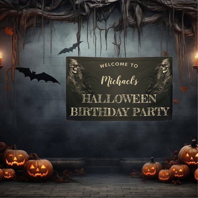 Banderoles Halloween crâne déplaisant Halloween fête d'annive (Creepy Hair Skull Halloween Birthday Party Welcome Banner)