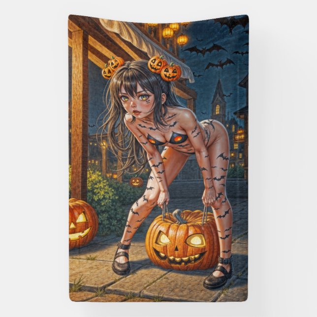 Banderoles Halloween Monster Jack-o-Lantern & Bat Vixen Girl (Verticale)