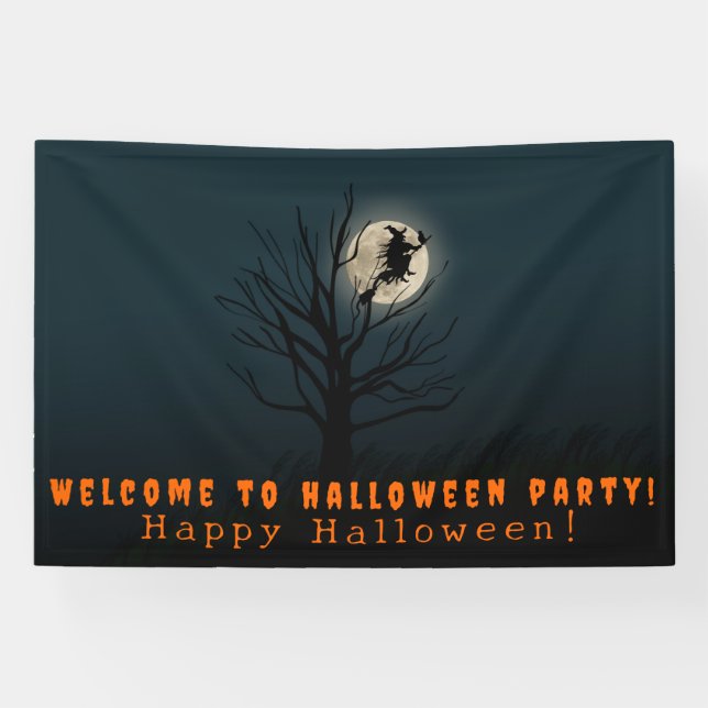Banderoles Halloween voeux sorcière lune (Horizontal)