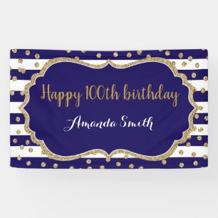 Banderoles Happy 100th Birthday Banner Navy Blue Gold Glitter