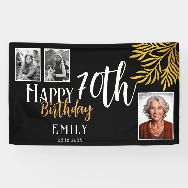Banderoles Happy 70th Birthday Gold Foliage 3 Photo Backdrop (Horizontal)