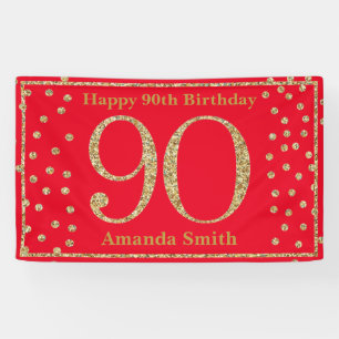 Banderoles Happy 90th Birthday Banner Red and Gold Glitter