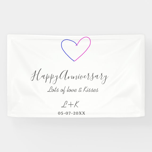 Banderoles Happy anniversary pink blue heart name date simple (Horizontal)