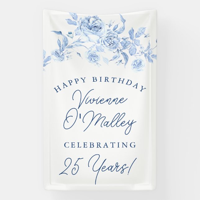 Banderoles Happy Birthday Banner 25th Blue Floral Template (Verticale)