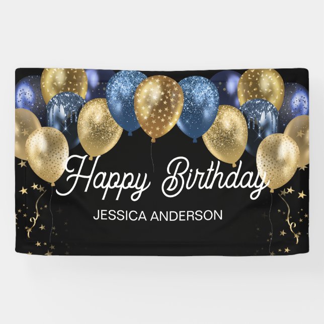 Banderoles Happy Birthday Blue and Gold Balloons  (Horizontal)