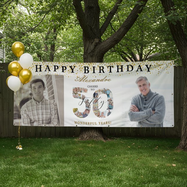 Banderoles Happy Birthday Cheers To 50 Years Photo Then & Now (Happy Birthday Cheers To 50 Years Photo Then & Now Banner)