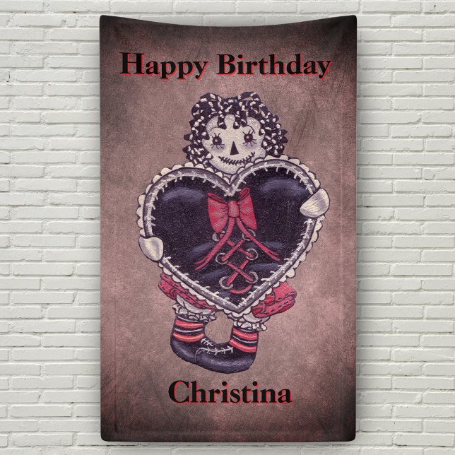 Banderoles Happy Birthday Gothic Grunge Rag Doll Heart (Gothic dark themed rag doll black heart on grungy pink dark grey Birthday Banner.)