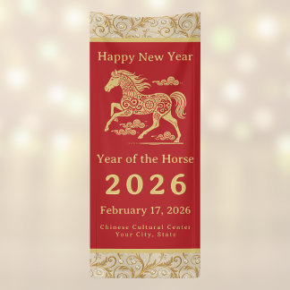Banderoles Happy Chinese New Year of Horse Vertical Gold Red