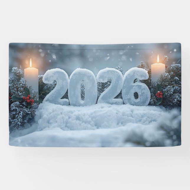 Banderoles happy new year 2026 snowy candle banner (Horizontal)