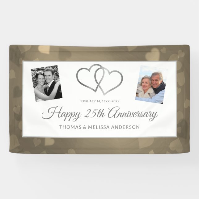BANDEROLES HEUREUX 25E ANNIVERSAIRE COEURS ET PHOTOS D'ARGENT (Horizontal)