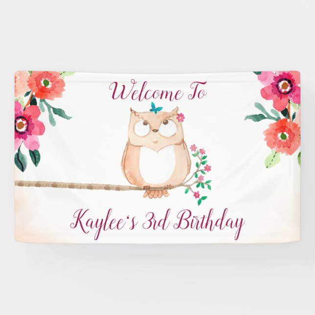 Banderoles Hibou mignon et anniversaire floral rose (Horizontal)