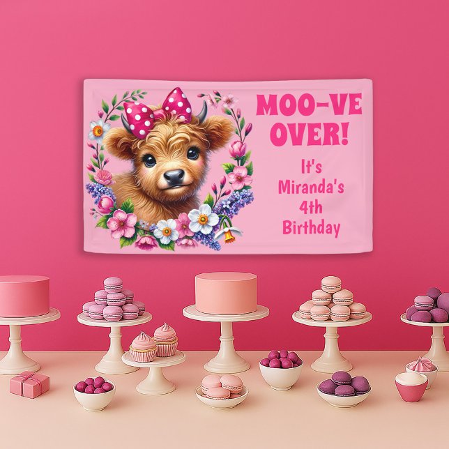 Banderoles Highland Cow Moo-ve Plus de 4e anniversaire (Cute Highland Cow child's birthday party banner)