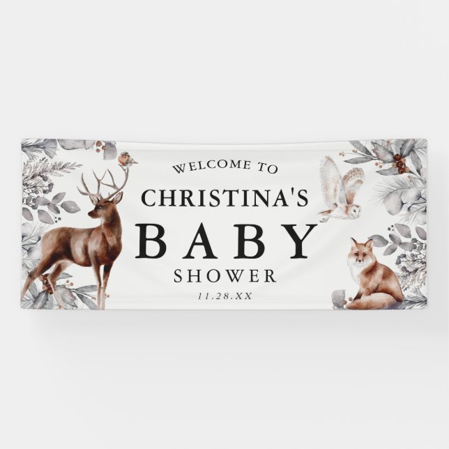 Banderoles Hiver Bois Animaux Baby shower d'aquarelle (Horizontal)
