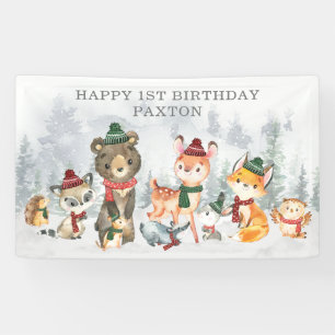 Banderoles Hiver Onederland Forêts Animaux Joyeux Anniversair