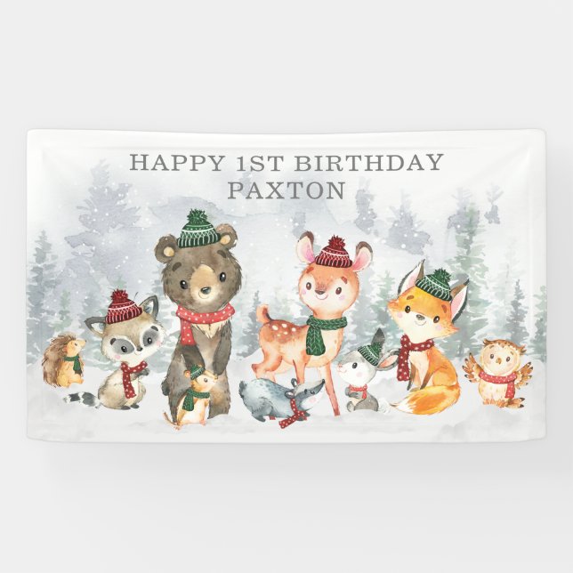 Banderoles Hiver Onederland Forêts Animaux Joyeux Anniversair (Horizontal)