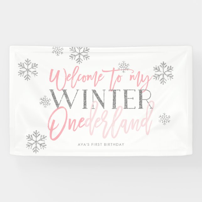 Banderoles Hiver ONEderland Parties scintillant d'argent Affi (Horizontal)