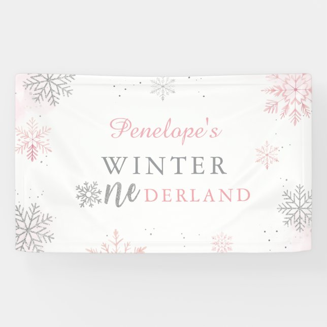Banderoles Hiver Onederland Pink Silver 1er anniversaire (Horizontal)