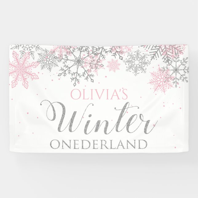 Banderoles Hiver Onederland Pink Silver Neige Premier anniver (Horizontal)