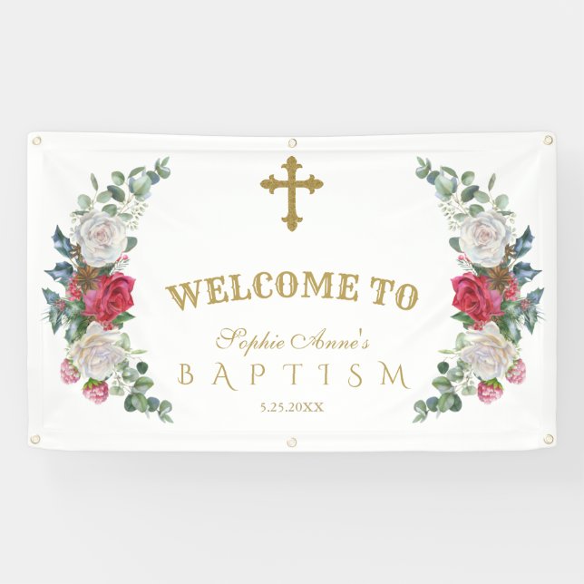 Banderoles Hiver Rouge Fleurs blanches Affiche de bienvenue o (Horizontal)