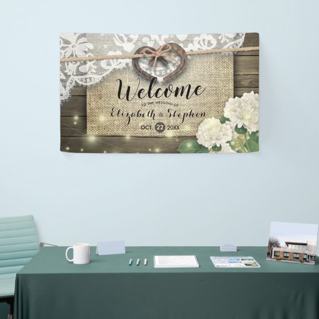 Banderoles Horseshoe Hydrangea Rustic Wood Mariage Bienvenue (Salon professionnel)