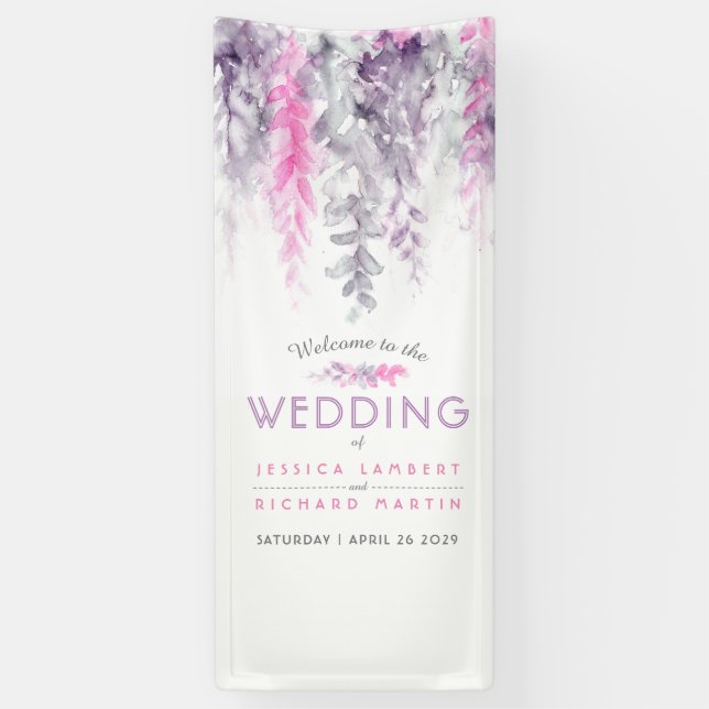 Banderoles Indigo violet, vigne rose mariage accueil (Vertical)