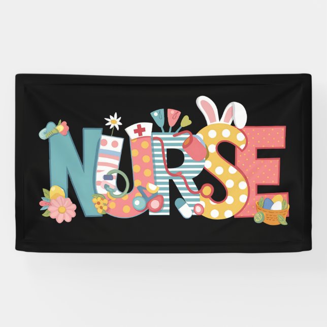 Banderoles Infirmière de Pâques Stethoscope Lapin Oeufs lapin (Horizontal)