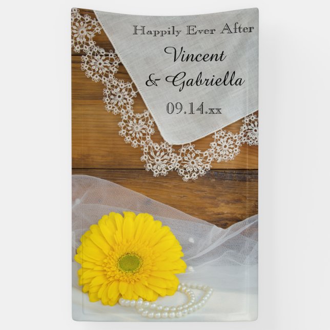 Banderoles Jaune marguerite, dentelle et Mariage campagnard e (Vertical)