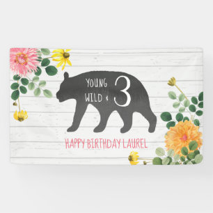 Banderoles Jeune anniversaire sauvage et de trois fleurs