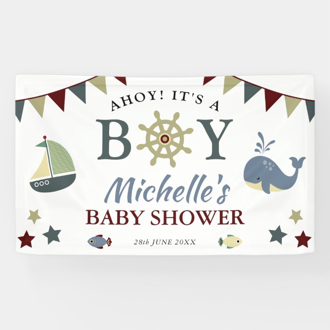 Banderoles Joli Ahoy Nautique ! C'est un Baby shower de garço (Horizontal)