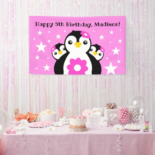 Banderoles Joli Anniversaire Pingouins Fleurs Roses (Fête)