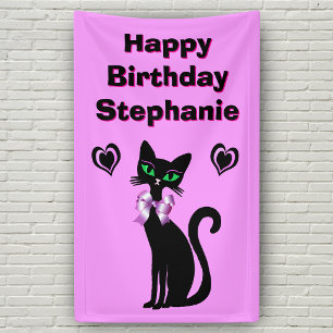 Banderoles Joli Chat Noir Anniversaire Yeux Verts Nœud sur Ro