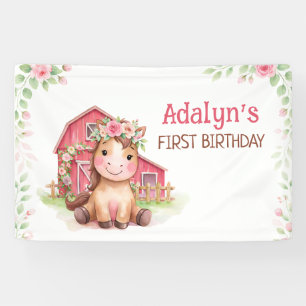 Banderoles Joli Cheval Fleur Rose Anniversaire