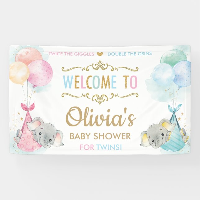Banderoles Joli Eléphant Twins Garçon Baby shower fille arriè (Horizontal)