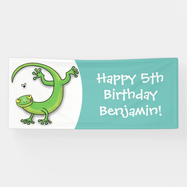 Banderoles Joli gecko vert salutations avec dessin animé (Horizontal)