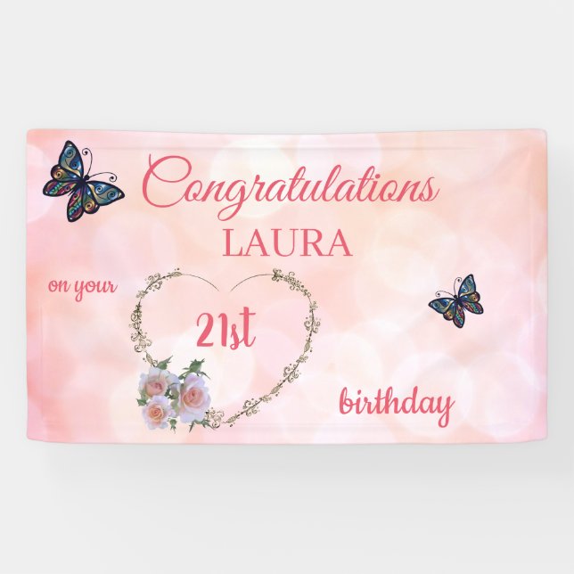 Banderoles Joli rose Joyeux 21e anniversaire (Horizontal)
