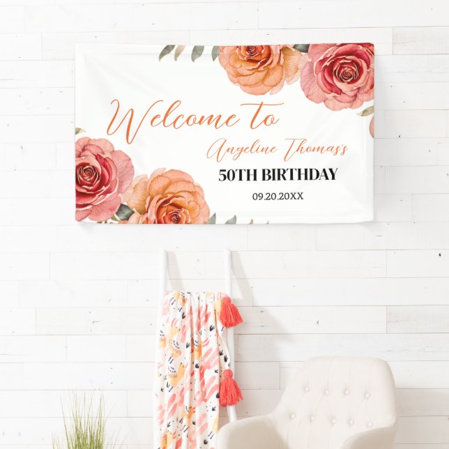 Banderoles Joli rouge Orange Rose Floral Bienvenue Anniversai (En situation)
