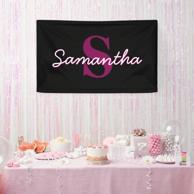 Banderoles Joli script de monogramme rose et noir personnalis (Fête)