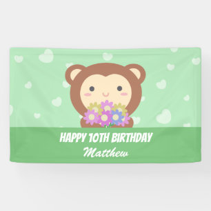 Banderoles Joli singe mignon et fleurs Joyeux Anniversaire