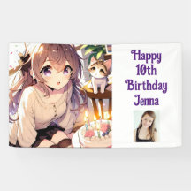 Jolie fille Anime avec Kitten et gâteau d'annivers