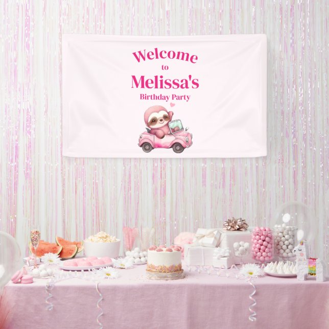 Banderoles Jolie Pink Sloth Conduit une voiture Anniversaire  (Fête)