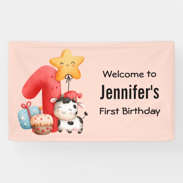 Banderoles Jolie vache 1er anniversaire Bienvenue (Horizontal)