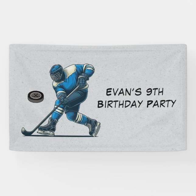 Banderoles Joueur de hockey gris bleu fête d'anniversaire (Horizontal)