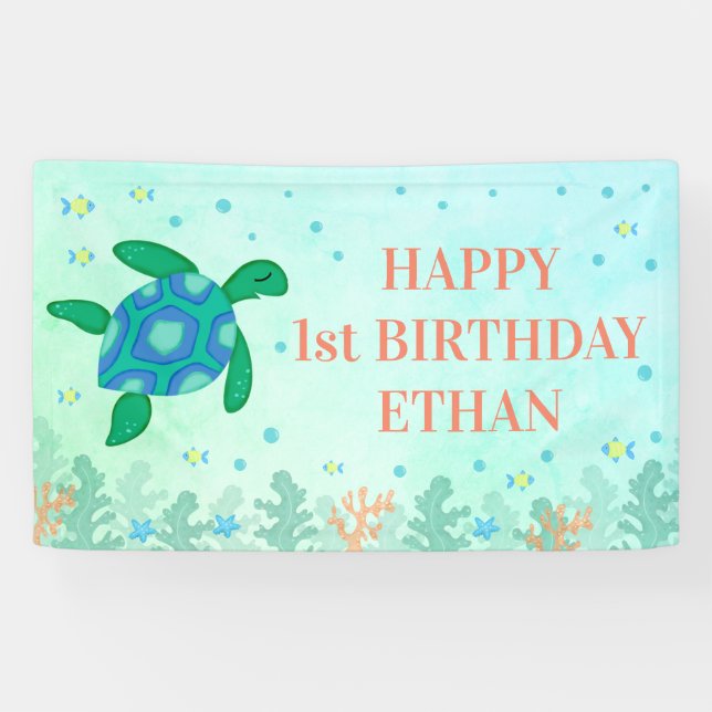 Banderoles Joyeuse 1ère Tortue d'anniversaire sous la mer (Horizontal)