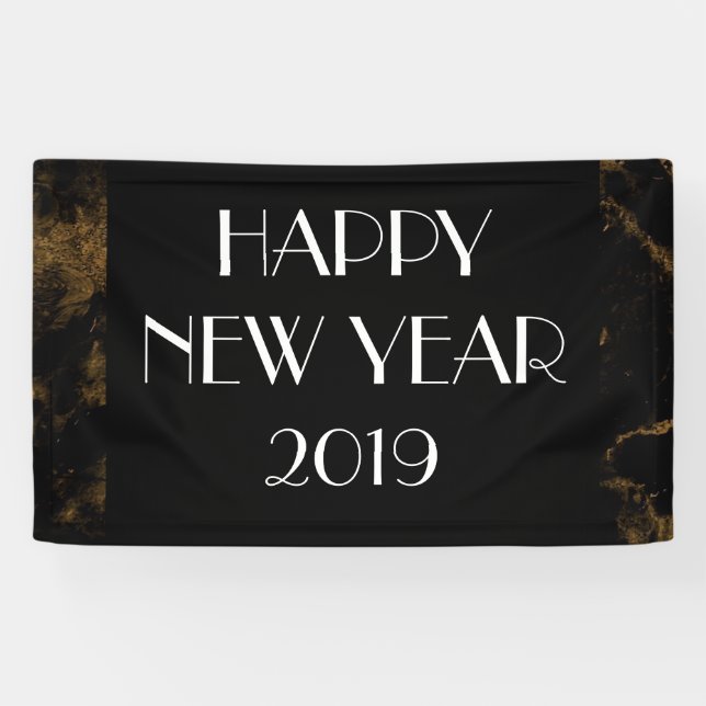 Banderoles Joyeuse fête du Nouvel An Gold Marbre noir (Horizontal)