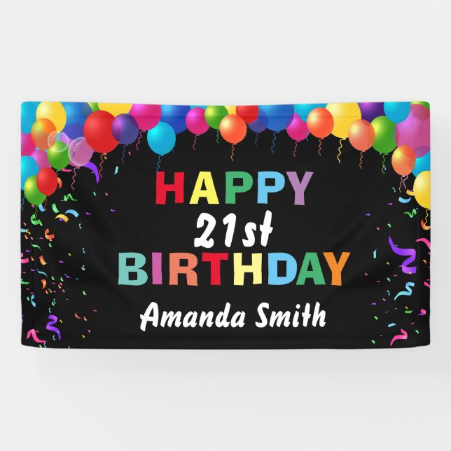 Banderoles Joyeux 21e anniversaire Ballons colorés Confetti (Horizontal)