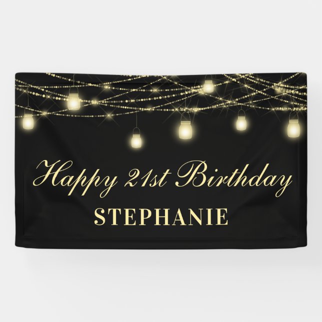Banderoles Joyeux 21e anniversaire Black Gold Lights Mason Ja (Horizontal)