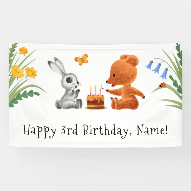 Banderoles Joyeux 3e anniversaire Teddy Bear Bunny Cake Candl (Horizontal)